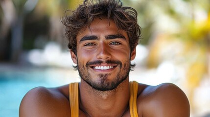 Young man smiling brightly at a tropical poolside, enjoying a sunny day in a vibrant outdoor setting amidst nature