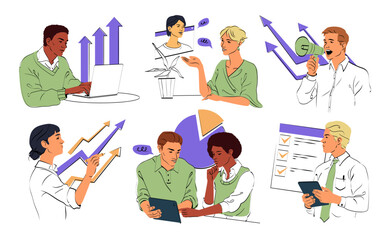 Wall Mural - set of business activity scenes. man and woman office workers analyze charts, develop strategies for