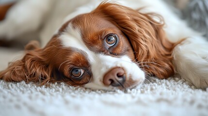 Sticker -   A close-up photo of a dog resting on a carpet, with its head leaning back and eyes open in contemplation