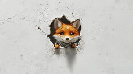 Canvas Print -  Red fox peeking out from wall hole with extended paw