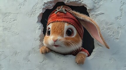 Poster -   A brown-and-white rabbit wearing a red hat peeks out from a wall hole with another hole in it