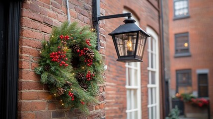 Sticker - A beautifully decorated Christmas wreath with red berries and pine branches enhances the charm of a lantern light on the exterior wall of a cozy brick house