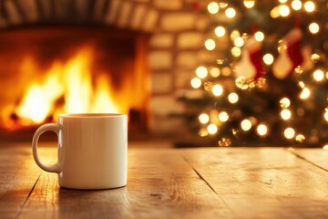 A cozy white mug resting on a wooden table near a warm fireplace and a beautifully decorated Christmas tree in a festive atmosphere