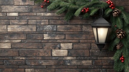 Canvas Print - A beautifully decorated Christmas wreath with red berries and pine branches enhances the charm of a lantern light on the exterior wall of a cozy brick house