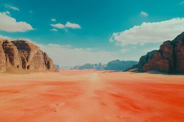 The red desert stretches out, dotted with rocky formations and a clear blue sky, creating a stunning natural vista during daylight hours