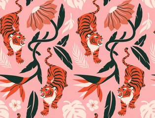 Tropical seamless pattern. Cute jungle damask ornament with tigers, palm leaves and blooming flowers. Hand drawn repeating template for wallpaper or textile design. Flat vector illustration