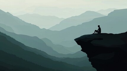 Poster -   A man sits on a cliff's edge, gazing out at a valley below and majestic mountains in the distance