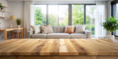 Empty wooden board table in living room with blur background ideal for product display mock up