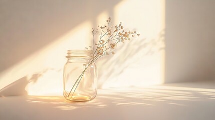 Sticker -   A jar containing a flower, positioned on a white background, casts shadows of adjacent walls