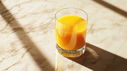 Poster -   A glass of orange juice sits atop a marble countertop, next to a hand shadow