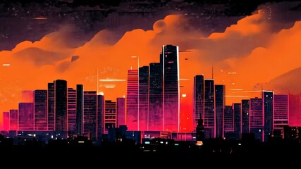 Wall Mural - City landscape artwork with orange sky on the sundown. Textured painting of a cyberpunk city in motion