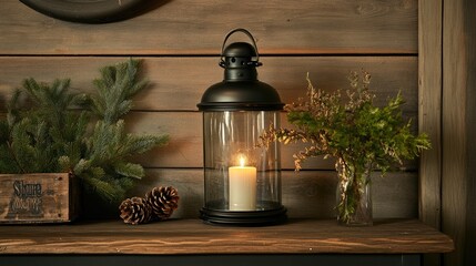 Canvas Print - A beautifully decorated Christmas wreath with red berries and pine branches enhances the charm of a lantern light on the exterior wall of a cozy brick house