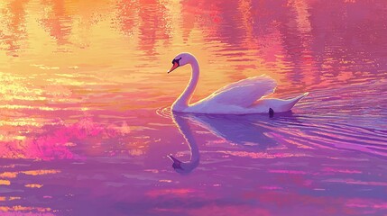 Wall Mural -   A white swan glides on water beneath a pink-yellow sky, reflecting sunlight