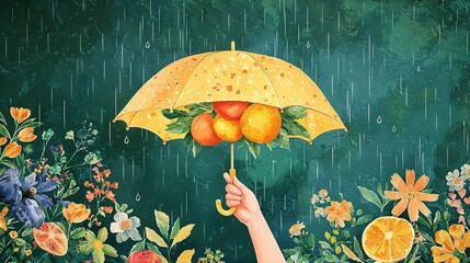 Sticker -   A painting of an orange-holding hand under an umbrella against a green backdrop, surrounded by flowers and foliage