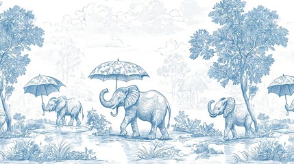 Sticker -   Elephants walk under umbrellas in the rain with trees in the background