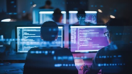 Programmers coding in a modern workspace with computer screens illuminated.