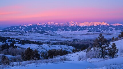 Sticker -   A serene view of snowy mountains with tree-lined foreground and a vibrant pink sky