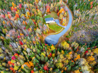 Wall Mural - aerial view of house in the autumn forest
