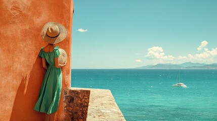 Poster -   A woman in a green dress and straw hat leans against a wall with a boat in the backdrop of the ocean