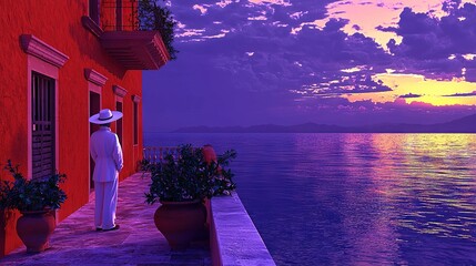 Poster -   A man in a white suit and hat stands before a red building, overlooking the sunset waters