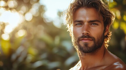 A young man with a beard enjoying a sunny day outdoors surrounded by lush greenery in a warm, vibrant atmosphere