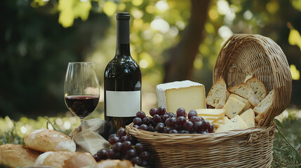 Poster -   A basket of cheese, bread, and wine with a wine bottle prominently displayed in the foreground and a basket of bread and a glass of wine positioned behind it