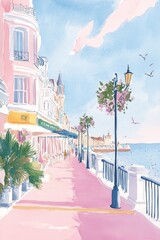 Wall Mural - Gouache Illustration of Brighton on a Sunny Morning with Soft Pastel Colour Palette, Vintage Vogue Style Generative AI