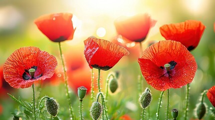 Wall Mural -   Red flowers surround a central bee, adorned with water droplets