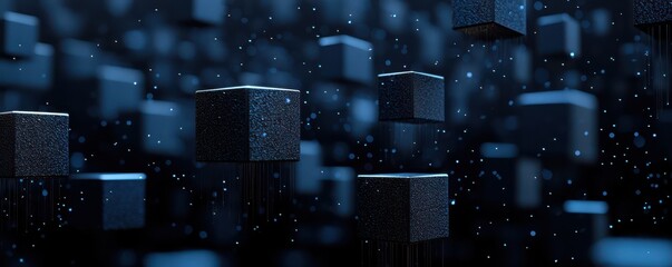 Wall Mural - abstract digital cubes with glowing dark blue highlights on a black background, showcasing futuristi
