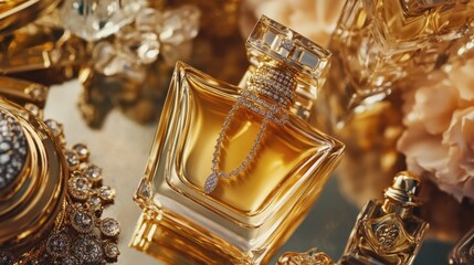 Wall Mural - A flat-lay of gold jewelry paired with luxury perfume bottles, creating a glamorous scene.