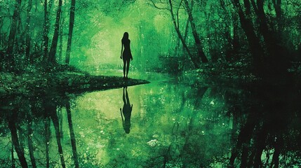 Poster -   A person standing by water in a forest is reflected in the water