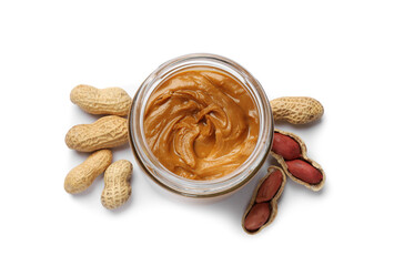 Poster - Tasty peanut butter in bowl and groundnuts isolated on white, top view