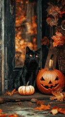 Poster -  A black cat perched beside a pumpkin and Jack-o'-lantern in front of a door