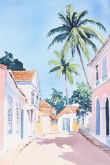 Wall Mural - Gouache illustration of a sunny morning in Mozambique, vintage vogue style, perfect for travel or lifestyle designs Generative AI