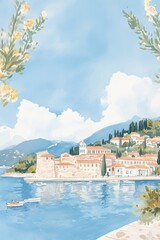 Wall Mural - Gouache illustration of a sunny morning in Olympia, Greece, in a soft pastel color palette, perfect for vintage travel or fashion designs Generative AI