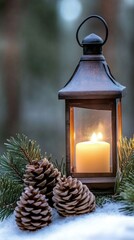 Wall Mural - A vintage lantern illuminates a cozy winter scene, with soft candlelight and intricate metalwork. Surrounded by evergreen branches and pine cones, it adds warmth to a rustic backdrop.