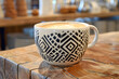 © Raysalova - A Cup of Coffee with Geometric Design on Rustic Wooden Table.