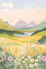 Wall Mural - Gouache Illustration of Scottish Highlands on a Sunny Morning, Vintage Vogue Style Generative AI