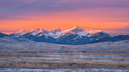 Poster -   A stunning mountain range shrouded in snow glistens against the sunset hues, while lush grass blankets the foreground