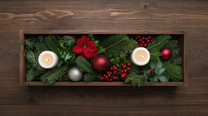 Sticker - A beautifully arranged Christmas centerpiece sits on a vintage dresser, showcasing candles surrounded by lush greenery and vibrant red ornaments, perfect for holiday celebrations.