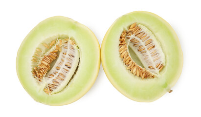 Wall Mural - Cut fresh ripe honeydew melon isolated on white, top view