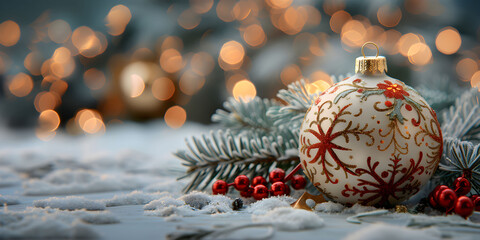 A white New Year's ball next to fir branches in the snow on a blurred evening background. New Year's background with space for text