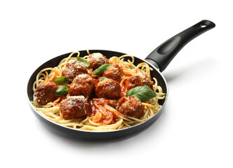 Canvas Print - Delicious pasta with meatballs in frying pan isolated on white