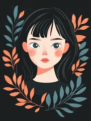 Wall Mural - A young woman gazes directly at the viewer, framed by vibrant leaves, creating an enchanting and moody atmosphere