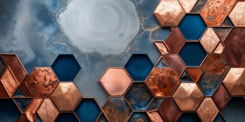 Abstract geometric hexagon pattern with copper and blue tones.