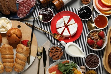 Sticker - Different tasty food served for brunch on grey table, flat lay