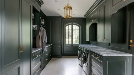 This laundry room showcases a modern design with gray cabinets, two sleek dryers, and a marble countertop, complemented by lively green palm leaf wallpaper