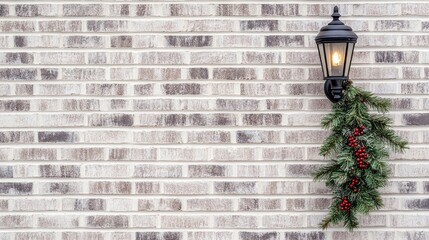 Sticker - A beautifully arranged Christmas wreath with red berries is gracefully wrapped around a black lantern, enhancing the festive atmosphere on a brick house wall