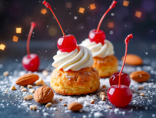 Two delectable pastries adorned with cream and red cherries sit on a dark surface dusted with powdered sugar and surrounded by nuts, creating a festive atmosphere