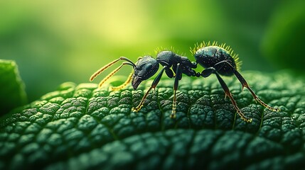 Poster -   A few bugs perched atop a glistening green foliage with water droplets